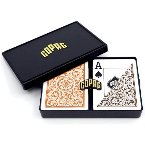 Carti poker 100% plastic, COPAG 1546 Elite, index jumbo, portocaliu-maro, pachet dublu