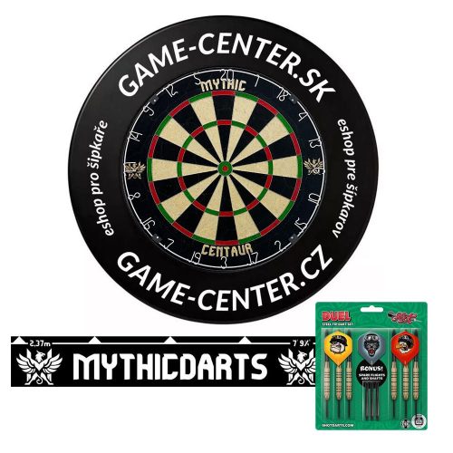 Pachet darts Mythic Basic, tabla sisal Mythic Centaur, protectie de perete, linie de start, set Shot